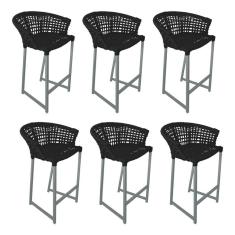 Imagem de Kit 6 Banquetas Reis Em Corda Náutica E Base Em Alumínio Cinza Para área Gourmet Externa Preta Preto