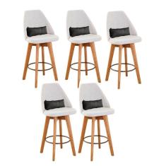 Imagem de Kit 05 Banquetas Alta Maya Giratória Com Encosto Linho Bege Claro e Almofada Sintético Cinza - Aurora Line