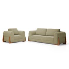 Imagem de Kit Poltrona E Sofá Bloom 200cm 03 Lugares Com Pés De Madeira Bouclê Bege - Desk Design