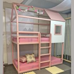 Imagem de Beliche Infantil Casinha Janelinha Rosa/branco
