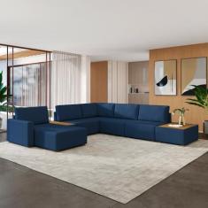 Imagem de Sofá de Canto Decorativo Sala de Estar 715cm Modulado Takashi com Chaise e Puffs Linho Azul Petróleo G45 - Gran Belo