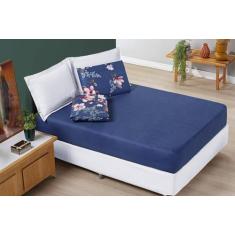 Imagem de Jogo De Cama Com Elastico Casal Padrão Flor 3 Peças 200 Fios - Safira
