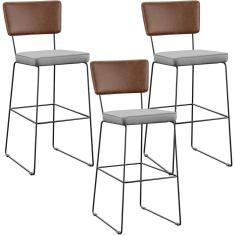 Imagem de Kit 03 Banqueta Alta Cozinha Sala Jantar Allana L02 Couríssimo Marrom Linho Cinza - Lyam Decor