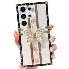 Imagem de Kwhapoo Linda capa feminina compatível com Samsung Galaxy S22 Ultra 17.3 cm Stand Girly, Bling Glitter Pearl Diamond Butterfly Kickstand Case, capas de silicone macio à prova de choque para mulheres