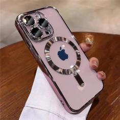 Imagem de Chapeamento macio tpu lente completa proteger caso para iphone 15 14 13 12 11 pro max plus magnético de carregamento sem fio capa clara, rosa, para iphone 15 pro