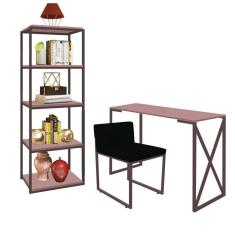 Imagem de Kit Escritório Bex 1 Cadeira Suede Preto com 1 Mesa e 1 Livreiro Ferro Marrom MDF Rose Rosa - Ahazzo Móveis