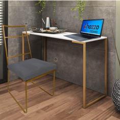 Imagem de Kit Escritório Stark Cadeira e Mesa Industrial Ferro Dourado Tampo MDF Branco Suede Cinza - Ahz Móveis
