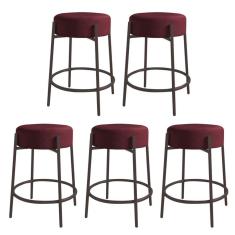 Imagem de Kit 05 Banquetas Alta Sintra 65cm Redonda Ferro Marrom Suede Bordô - Ahazzo Móveis