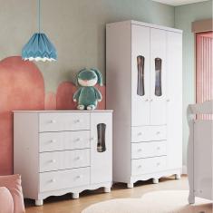 Imagem de Quarto Infantil com Guarda Roupas 3 Portas e Cômoda com Janelas 100% MDF Lana Espresso Móveis Branco Brilho