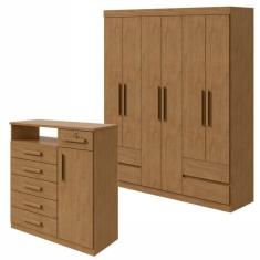 Imagem de Conjunto de Guarda-Roupa 6 Portas 4 Gavetas Zeus e Cômoda 1 Porta 6 Gavetas 1 Nicho Da Vinci Amêndoa Clean