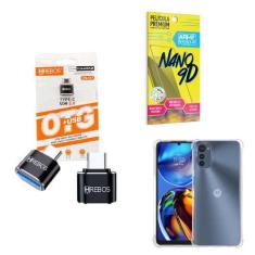 Imagem de Kit Adaptador USB para Tipo C + Capinha Motorola E32 + Película 9D - H