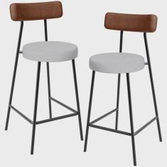 Imagem de Kit 02 Banquetas Baixa Cozinha Sala De Jantar Milão L02 Couríssimo Marrom Linho Cinza - Lyam Decor