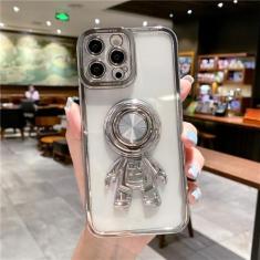 Imagem de Capa de suporte de anel de astronauta com revestimento quadrado para iPhone 13 12 11 Pro Max XS Max X XR 7 8 Plus Suporte transparente Capa macia à prova de choque, prata, para iPhone 12 Pro