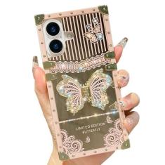 Imagem de TRODINO Linda capa compatível com iPhone 16, borboleta brilhante de luxo com suporte dobrável para mulheres e meninas, capa protetora à prova de choque espelhada brilhante para iPhone 16-6,1 polegadas