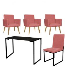 Imagem de Kit Escritório Stan 3 Poltronas com Cadeira e Mesa Industrial Tampo Preto Suede Rose Gold - Ahz Móveis
