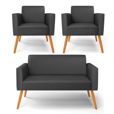 Imagem de Sofá Namoradeira Com 2 Poltronas Pés Palito Castanho Marisa Corino Preto D03 - D`rossi
