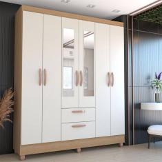 Imagem de Guarda-Roupa Solteiro Virtuoso 6 Portas 2 Gavetas com Espelho Canelato Rústico/Natural/Off White - Loja