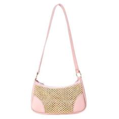 Imagem de Bolsa de palha e couro pu retangular pequena feminina zíper - Modas Fa