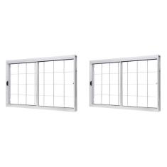 Imagem de Kit com 2 Janelas de Aço de Correr Lateral 100x120cm 2 Folhas com Grade Quadruculada Vidro Liso Branco