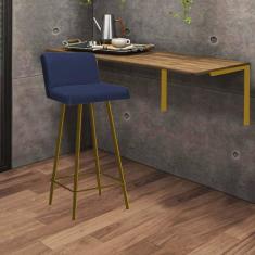Imagem de Kit Mesa Suspensa de Parede Fixa MDF Castanho + 1 Banqueta Lexi Ferro Dourado Corino Azul Marinho - Ahazzo Móveis