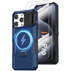 Imagem de Capa de celular para iPhone 15 Pro, com suporte de anel magnético [2 protetores de tela de vidro] [compatível com MagSafe] Capa de grau militar com capa para câmera, capa à prova de choque para iPhone