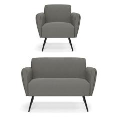 Imagem de Sofá Namoradeira Com Poltrona Pés Palito De Ferro Bruna Suede Grafite - D\`rossi