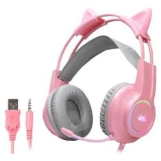 Imagem de Headset Gamer Fone Gatinho Rosa Com Led RGB P2 Knup KP-GA04