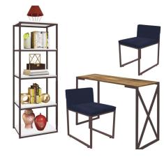 Imagem de Kit Escritório Bex 2 Cadeiras Sintético Azul Marinho com 1 Mesa e 1 Livreiro Ferro Marrom MDF Freijó - Ahazzo Móveis