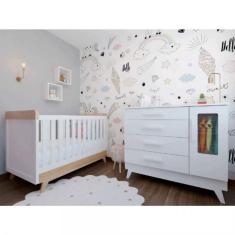 Imagem de Quarto de Bebê Completo Berço Mini Cama com Cômoda e Nichos Luna Espresso Móveis Branco Brilho/Carvalho