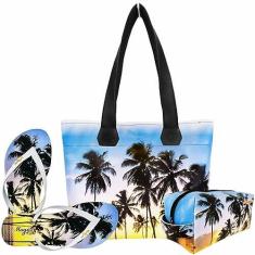 Imagem de Kit Praia Feminino Coqueiros com Bolsa, Necessaire e Chinelo Magicc Bolsas KIT-143