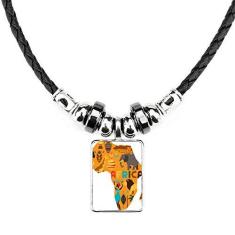 Imagem de DIYthinker Colar com ilustração de elefante do mapa da África da Savanna africana, pingente de corda de couro feito à