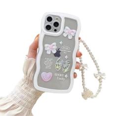 Imagem de NAICO Lindo design estético 3D arco com moldura de onda encaracolada capa transparente para mulheres meninas com pulseira de pulso kawaii feminina alça de corrente compatível com iPhone proteção total