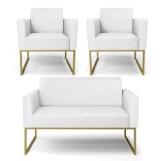 Imagem de Sofá Namoradeira Com 2 Poltronas Base Industrial Dourado Marisa Corino Branco D03 - D`rossi