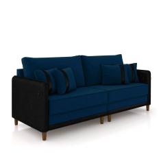 Imagem de Sofá Living Montecarlo 3 Lugares Bipartido 252cm Pés Em Madeira Veludo Azul-Preto