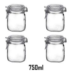 Imagem de 4 Potes De Vidro Com Tampa 750ml Fido Rocco Bormioli Hermético Transparente Quadrado