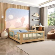 Imagem de Cama Infantil Casal Montessoriano Wave com Rattan Casatema Verde/Natural