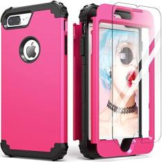 Imagem de IDweel Capa para iPhone 8 Plus, capa para iPhone 7 Plus com protetor de tela de vidro temperado, 3 em 1, à prova de choque, fina, híbrida, resistente, rígida, capa de silicone macio, capa de corpo