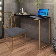 Imagem de Kit Escritório Clark Cadeira e Mesa Industrial Ferro Dourado Tampo MDF Preto Suede Cinza - Ahz Móveis