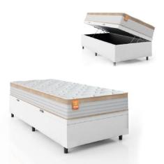 Imagem de Cama Box Baú Colchão Solteiro Molas Ensacadas Real 88X188x68cm Linho Branco / Bege Inducol - Suporta Até 130Kg Por Pessoa