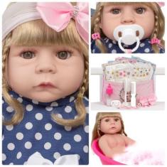 Imagem de Bebe Reborn Loira Realista Corpinho Silicone + Bolsa Itens - Cegonha R