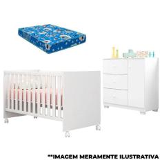 Imagem de Berço Americano Mini Cama Doce Sonho 100 e Cômoda Infantil Duda Branco Brilho com Colchão – Phoenix Baby