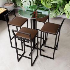 Imagem de Conjunto Mesa Alta Bar Bistrô Redonda Vidro 4 Banquetas Confort Estofa