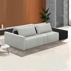 Imagem de Sofá Ilha Modulado Milos 252cm Puff Lateral Cinza Preto Manchado Linho/PU G33 - Gran Belo