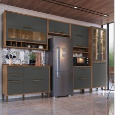Imagem de Armário de Cozinha Completo 6 Peças 100% MDF 12 Portas com Vidros Reflecta Helena Espresso Móveis Castanho/Cinza