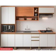 Imagem de Kit de Cozinha Completa 5 Peças Thela Macadâmia (2Aéreos+1Balcão+2Paneleiros) CZC18 Freijo/Branco - Telasul