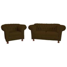 Imagem de Conjunto Sofa Namoradeira Chesterfield Capitone Luis XV Suede Marrom /