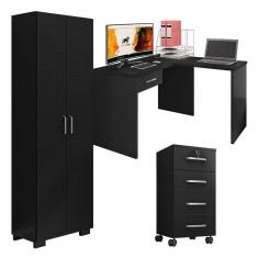 Imagem de Mesa para computador com Gaveta e Extensora e Gaveteiro Gávea com Chave e Livreiro Office Portas Grandes Preto Fosco - Móveis Leão