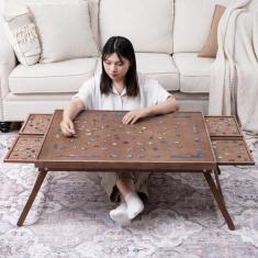 Imagem de TEAKMAMA Quadro de quebra-cabeça de madeira de 1500 peças com 4 gavetas, mesa dobrável com capa protetora, placa de quebra-cabeça com pernas, quadro de quebra-cabeça multifuncional para adultos, 86 cm