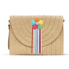 Imagem de Bolsas clutch boêmias para mulheres, bolsa de praia com franjas florais coloridas, bolsas transversais, pacote envelope de palha tecido à mão, bolsa de ombro de verão adequada para viagens de férias