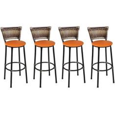 Imagem de Kit 4 Banquetas Altas Preta com Encosto Junco Capuccino Assento Laranj